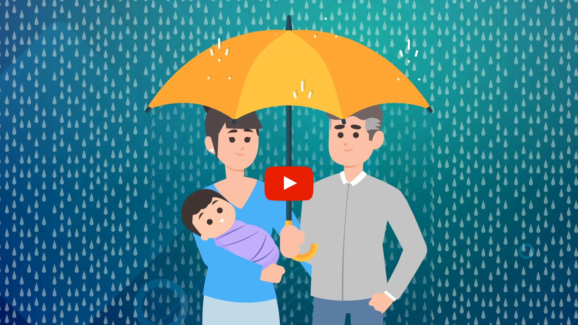 animação mostra uma mulher segurando um bebê, ao lado de um homem, que segura um guarda-chuva, num cenário ao fundo de muita chuva.